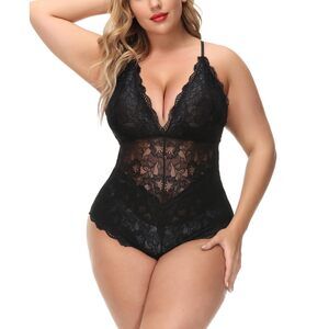 3571 Sexy Plus Size Lingerie Snap Crotch Lace Bodysuit Teddy Babydoll Deep